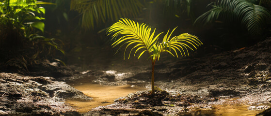 High-fidelity image of palm seedlings in serene tropical environment
