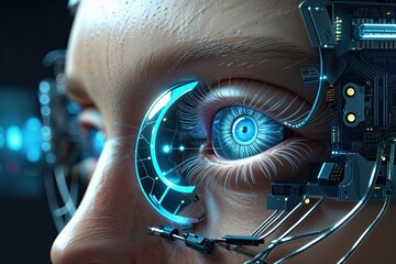 Enhanced Monitoring: Intense Focus on a Bionic Eye with Sleek Circuitry for Advanced Surveillance and Visual Clarity