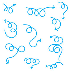 Hand drawn arrow set featuring curved, straight, dotted, and swirled arrows design vector