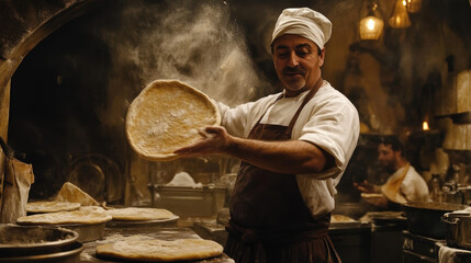 Master pizzaiolo tosses dough in authentic pizzeria - gigapixel culinary artistry