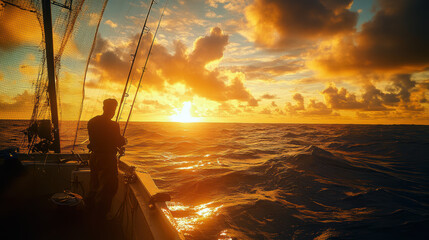 Serene sunset deep sea fishing adventure in gigapixel high fidelity imagery
