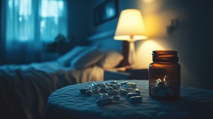 Bedroom home scene. Bottle of pills on bedside table with many scattered tablets. Sad depression atmosphere. Insomnia problem, sleepless night.