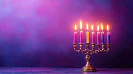 Fototapeta premium Dreidel and menorah on pastel lavender background, flatlay with empty space on one half