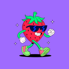 A stylized strawberry character, wearing sunglasses and walking