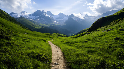 A long winding trail through green alpine meadows, with a distant view of snow-capped mountains on the horizon.