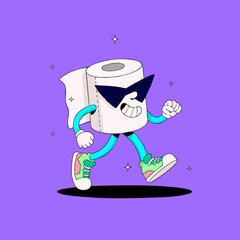Cartoon toilet paper roll character wearing sunglasses, walking and wearing sneakers