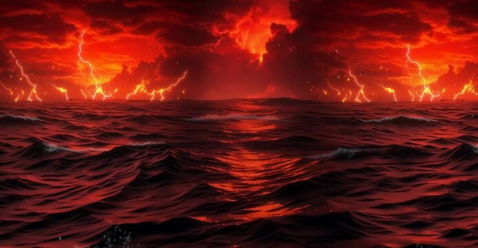 3D scene split in two: ocean and storm above, fiery underwater hellscape with lava and lightning below.
