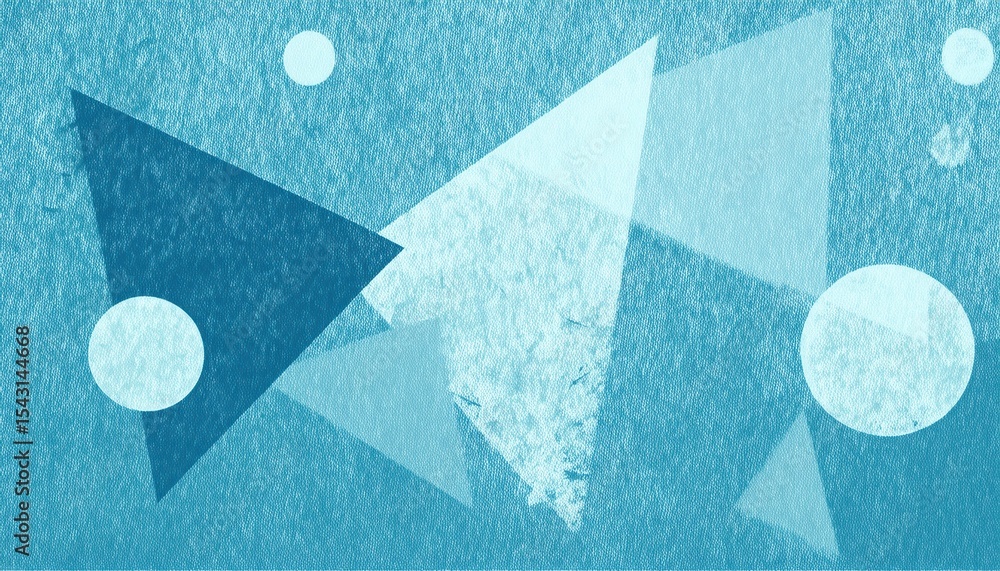 Poster abstract blue geometric background with overlapping circles, triangles, and diamond on textured canv