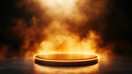 A dramatic stage illuminated with fog and a glowing circular platform, setting the mood for an unforgettable performance or event, embodying creativity and artistic expression.