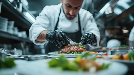 A professional chef focused on plating a gourmet dish in a busy kitchen, showcasing culinary art and dedication to high-quality food presentation and craftsmanship.