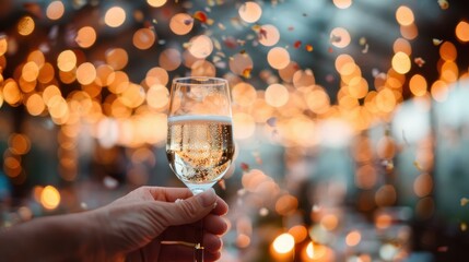 A close-up of a hand holding a glass of sparkling beverage during a festive celebration reflects joy and human connection in a beautifully lit environment filled with happiness.