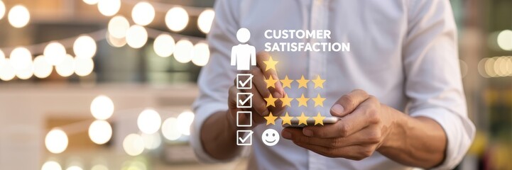 Person interacting with a customer satisfaction interface on a mobile device.