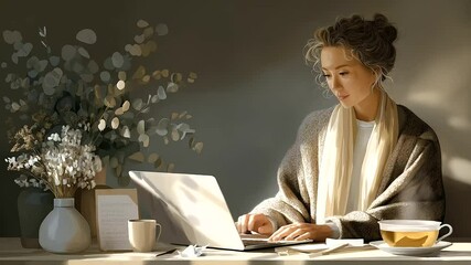 Young woman drafting a farewell email with tea and laptop