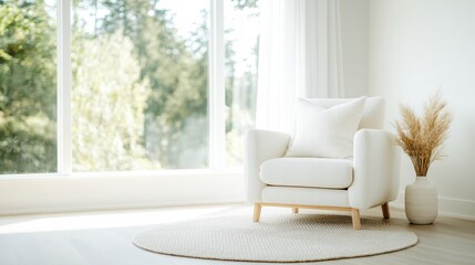 Fototapeta premium A serene armchair is perfectly positioned in a sunlit room, creating an inviting atmosphere that symbolizes comfort, tranquility, and relaxation in a beautiful living space.