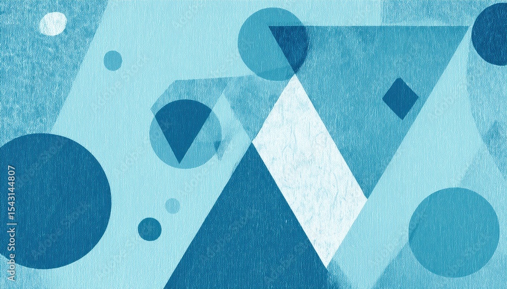Poster abstract blue geometric background with overlapping circles, triangles, and diamond on textured canv