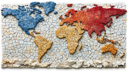 Vibrant mosaic world map artwork showcasing global geography creativity and travel dreams in modern style