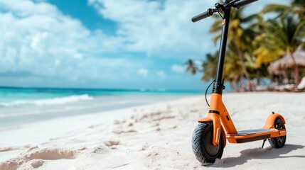An orange electric scooter stands on a picturesque sandy beach, perfectly blending innovation and leisure, embodying the fun of coastal adventures and modern commuting options.
