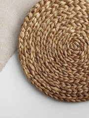 Obraz premium Top view of beige wicker tablecloth on white background Rustic decor