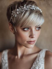 Fototapeta premium Short pixie cut with sweeping bangs, elevated by a sparkling silver floral headband, creating a polished and timeless bridal look.