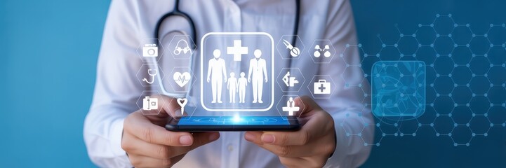 Medical professional using a tablet to display a family health icon.