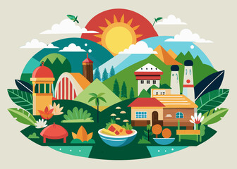 Fototapeta premium Vibrant Landscape Illustration A Colorful Mountain Village Scene