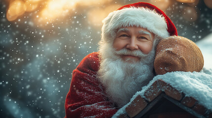 santa climbing down chimney on snowy roof under starry night sky