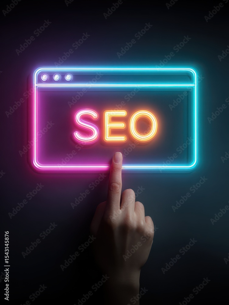 Aufkleber digital marketing seo strategy concept with neon browser and hand pointing for web optimization