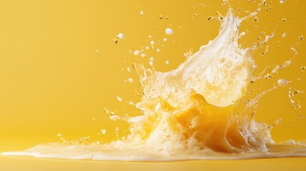 A dynamic splash of liquid against a bright yellow background captures movement and energy, symbolizing vitality and freshness in an abstract yet visually striking composition.