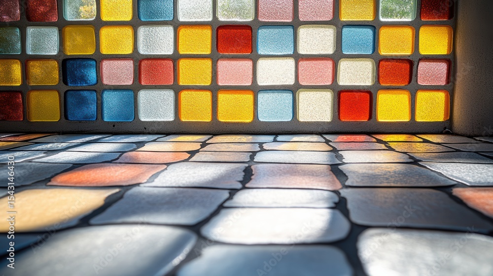 Aufkleber colorful glass blocks with light reflections on tiled floor creating a vibrant play of colors and ge