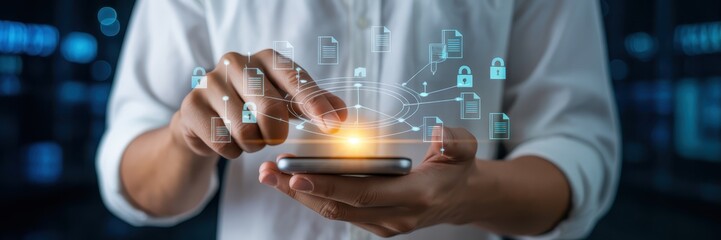 Person interacting with a holographic interface on a smartphone.