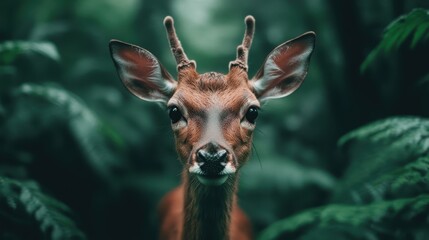 Fototapeta premium A close-up of a curious deer peering through a lush, green background offers a stunning view of wildlife and evokes a sense of wonder and exploration.