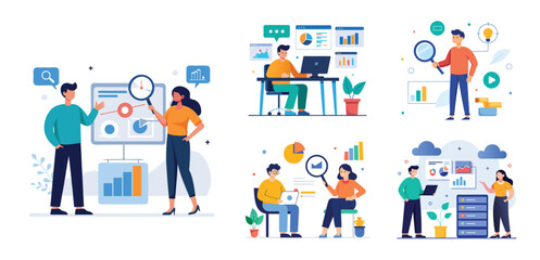 Fototapeta premium business team analytics and monitoring report concept and flat vector illustration design data analytics research for business finance