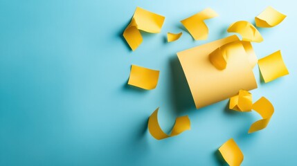 An artistic arrangement of vibrant yellow sticky notes scattered on a bright blue background, representing creativity, ideas, and the playful nature of organization.
