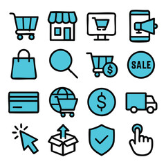 E-commerce and Shopping Icons Blue Line Style