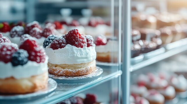 An enticing display of assorted cakes adorned with fresh berries, tempting the viewer with their deliciousness and artistic presentation in a well-lit bakery showcase.
