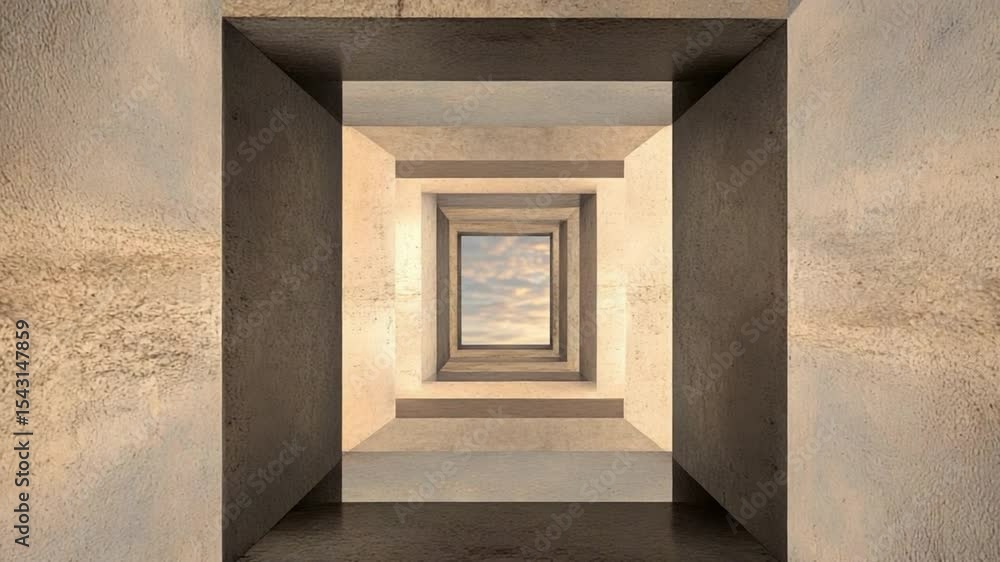 Poster Passageway to Serenity: A captivating architectural composition guides the viewer's gaze through a series of receding rectangular frames, leading to a distant, luminous sky.