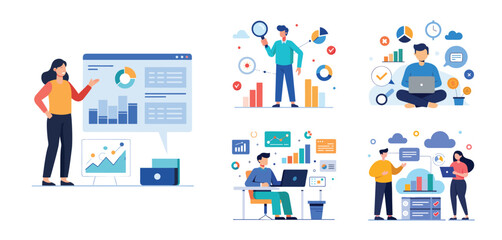 business team analytics and monitoring report concept and flat vector illustration design data analytics research for business finance