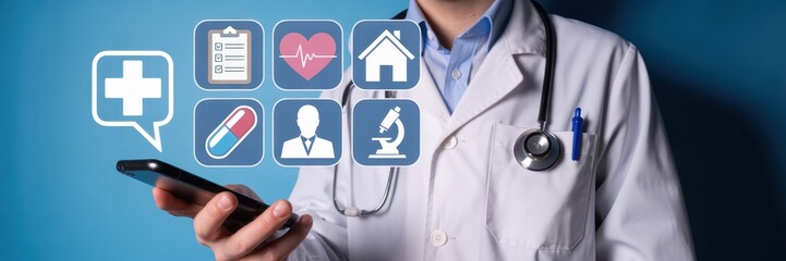 Doctor using a smartphone with medical icons displayed.