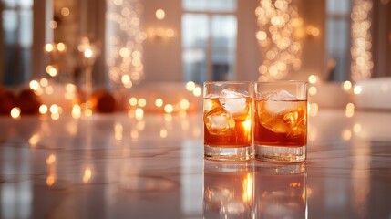 Two glasses filled with refreshing cocktails sit atop a luxurious marble table, evoking a celebratory vibe amid shimmering bokeh lights in a fashionable setting.