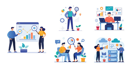 Fototapeta premium business team analytics and monitoring report concept and flat vector illustration design data analytics research for business finance