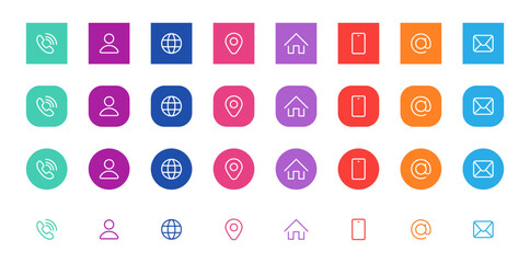 Business card icon set in line style. Contact information, Home, Phone, Location, Address, Website, mail, fax, user simple black style symbol sign for apps and website, vector illustration.