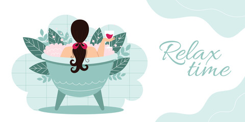 Woman taking a relaxing bath banner.Self-care, wellness and tranquility concept.Vector cartoon flat illustration