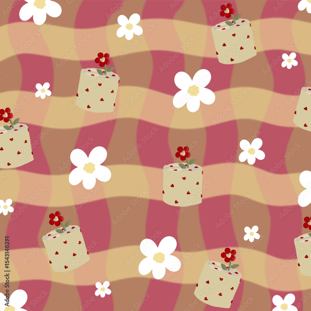 Poster brown and pink background alternating with grid patterns, consisting of flowers and cutely patterned