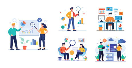 Fototapeta premium business team analytics and monitoring report concept and flat vector illustration design data analytics research for business finance