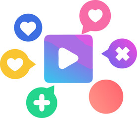 Flat-style gradient social media icon set for like, comment, share, follow, notification with white background.