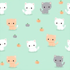 Seamless repeat pattern of tiny ghost kittens with Halloween-themed colors (milky white, peach orange, soft gray) on mint green background