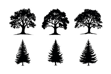 Six tree silhouettes oak and fir trees silhouette