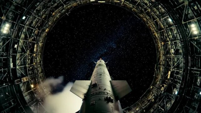 Low-angle shot from inside a launch silo looking up at a missile venting smoke under a starry night sky