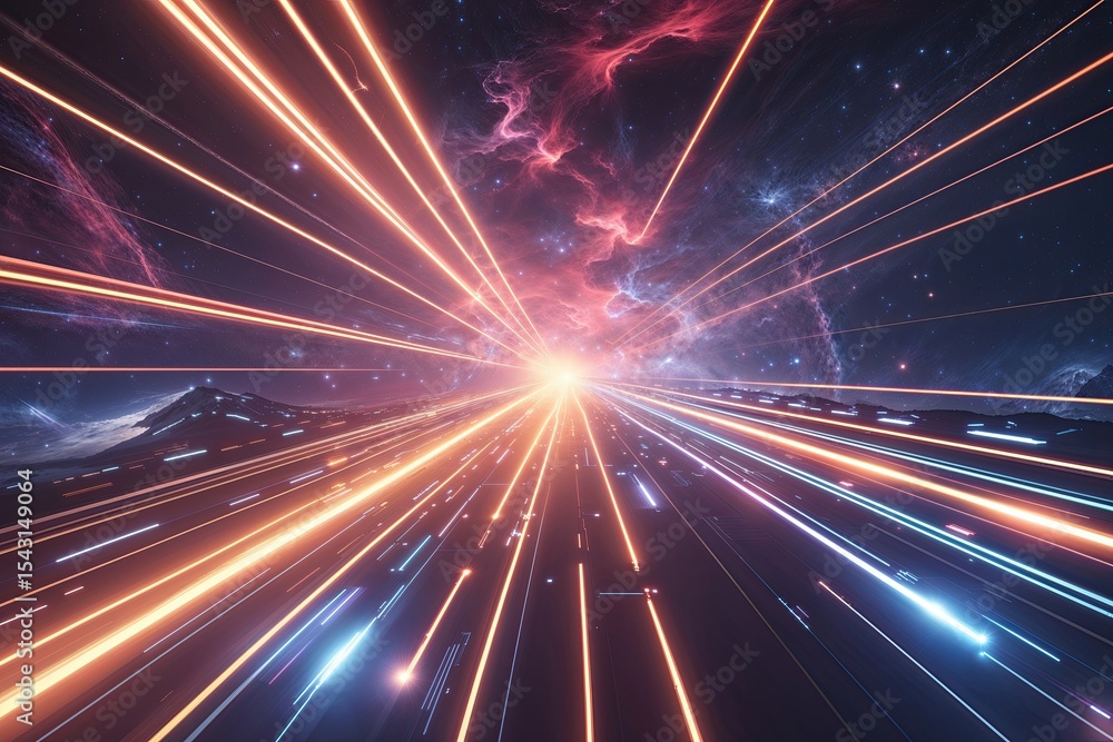 Poster dynamic sci-fi fusion artwork featuring light trails and nebula shapes