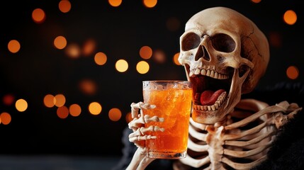 A humorous and festive skeleton delights in a cold beverage, set against a backdrop of glowing lights, bringing a playful touch to Halloween and celebration themes.